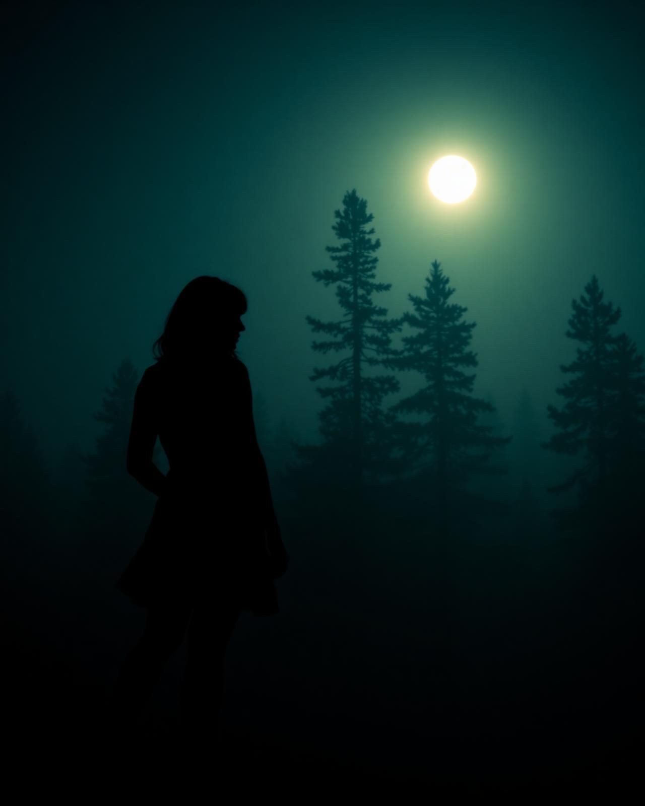 Silhueta feminina em floresta nebulosa sob a lua